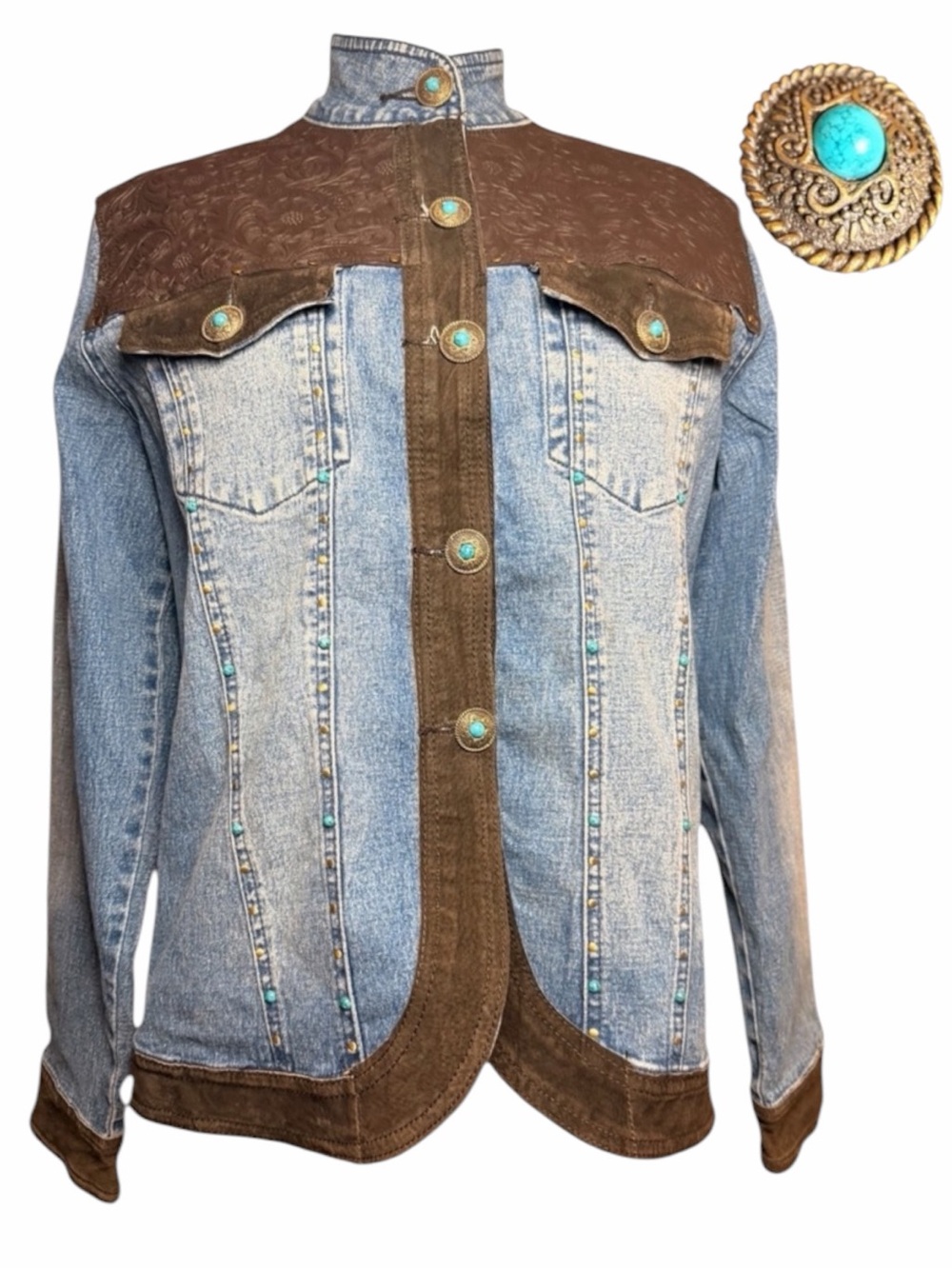 DG2 Diane Gilman Denim Jacket Pig Suede Western Concho Studded Womens Small